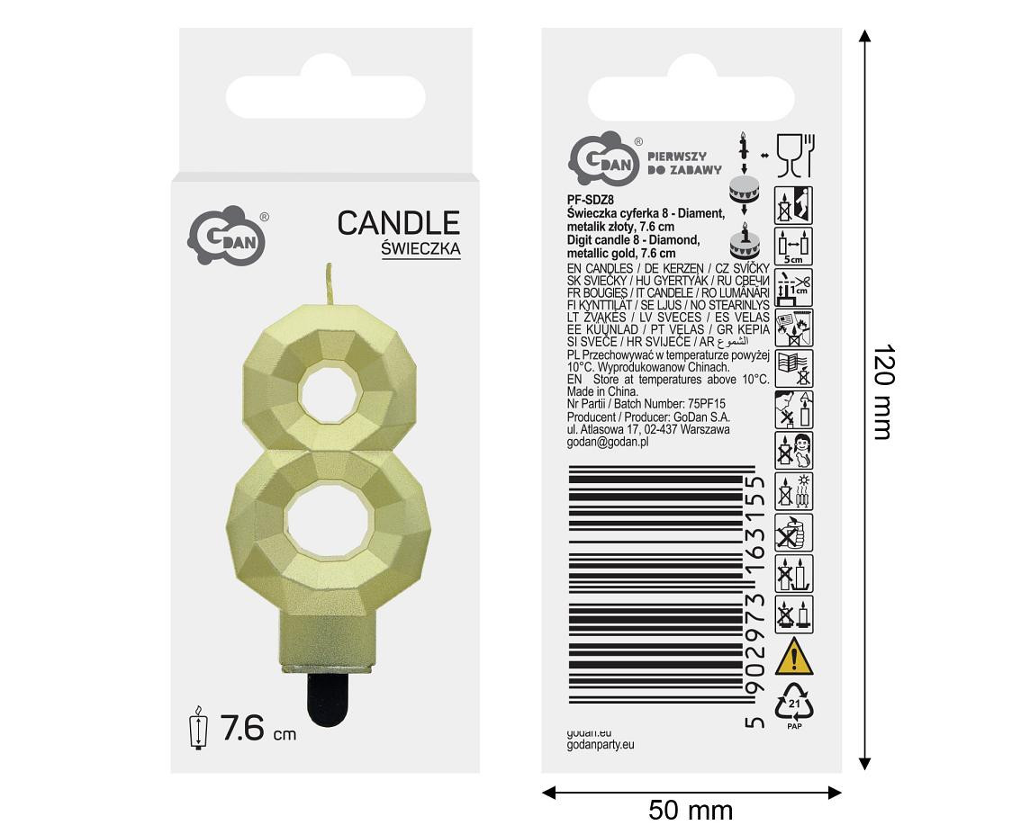 Digit candle 8 - Diamond , metallic gold, 7.6 cm